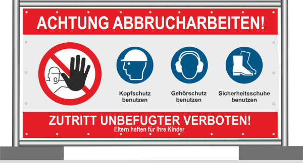 Meshbanner Achtung Abbrucharbeiten mit wichtigen Symbolen nach DIN 7010 in Signalfarben